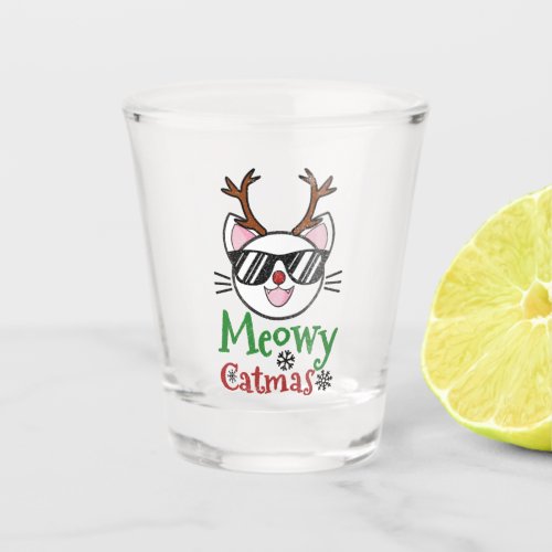 Meowy Catmas Christmas Kitty Cat Red Nose Reindeer Shot Glass