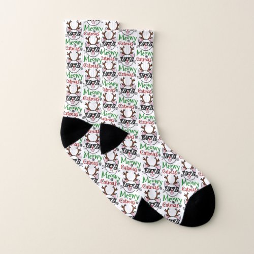 Meowy Catmas Christmas Kitty Cat Red Nose Reindeer Socks