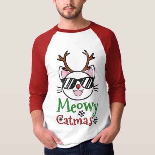 Meowy Catmas Christmas Kitty Cat Red Nose Reindeer T_Shirt