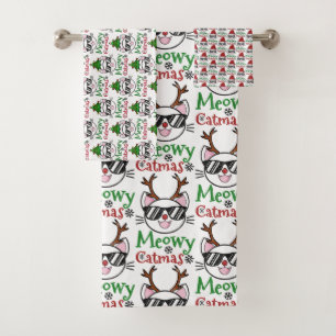 Meowy Catmas Christmas Kitty Cat Santa Reindeer Bath Towel Set