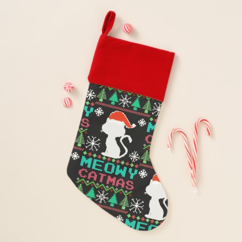 Meowy Catmas Christmas Santa Cat Ugly Sweater Christmas Stocking