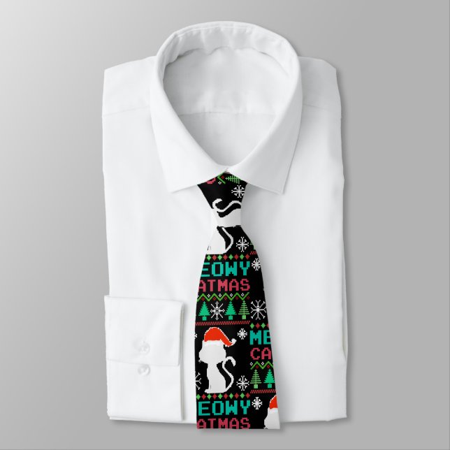 Meowy Catmas Christmas Santa Cat Ugly Sweater Neck Tie (Tied)