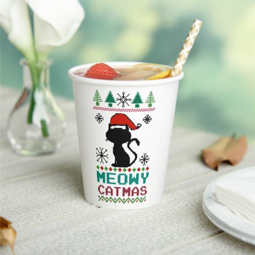 Meowy Catmas Christmas Santa Cat Ugly Sweater Paper Cups