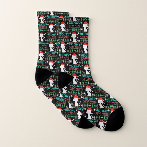 Meowy Catmas Christmas Santa Cat Ugly Sweater Socks