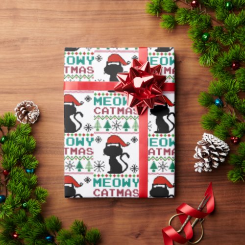 Meowy Catmas Christmas Santa Cat Ugly Sweater Wrapping Paper