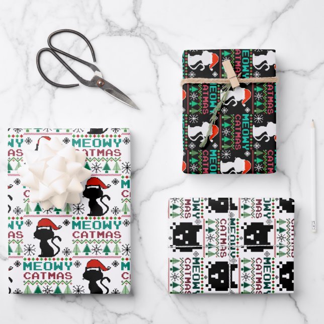 Meowy Catmas Christmas Santa Cat Ugly Sweater Wrapping Paper Sheets (Front)