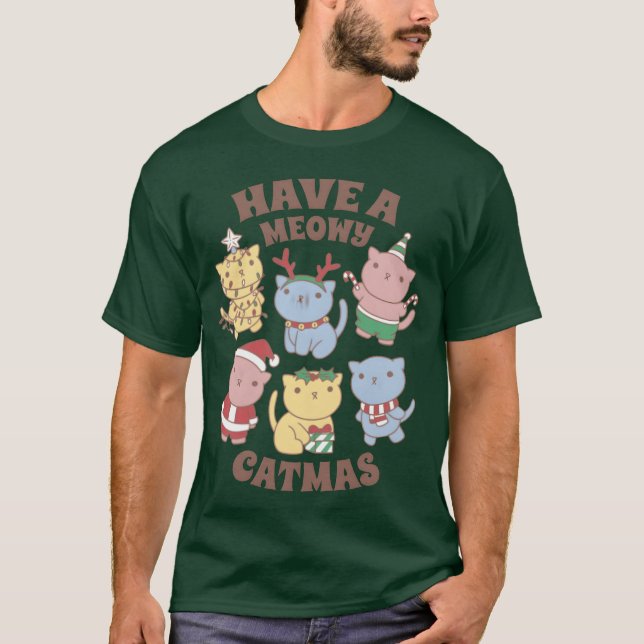 Meowy Catmas Christmas With Christmas Outfits And  T-Shirt (Front)