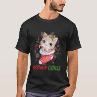 Meowy Catmas Cute Cat In Christmas Sock Xmas Girls T-Shirt