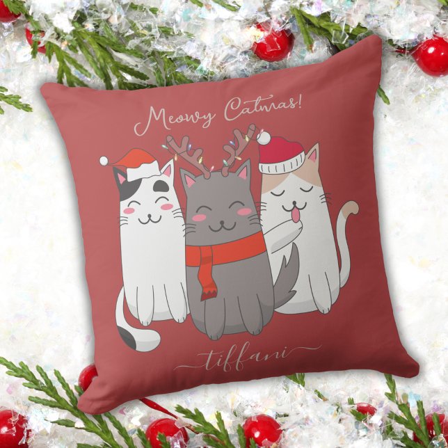 Meowy Catmas Cute Christmas Cats Custom Throw Pillow (Creator Uploaded)