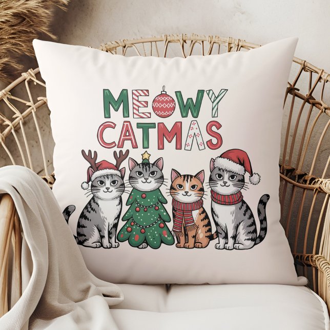 Meowy Catmas Cute Christmas Cats - Holiday Decor Throw Pillow (Meowy Catmas Cute Christmas Cats - Holiday Decor Throw Pillow in a boho rattan armchair.)