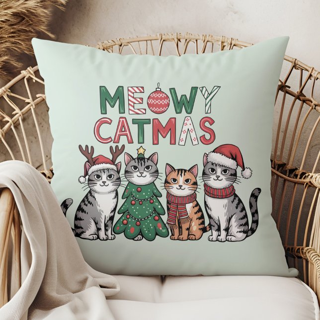 Meowy Catmas Cute Christmas Cats - Holiday Decor Throw Pillow (Meowy Catmas Cute Christmas Cats - Holiday Decor Throw Pillow in a boho rattan armchair.)