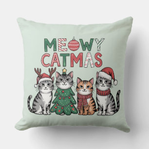 Meowy Catmas Cute Christmas Cats - Holiday Decor Throw Pillow