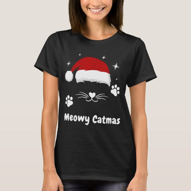 Meowy Catmas Cute Kitten Cats Santa Hat Christmas  T-Shirt (Front)