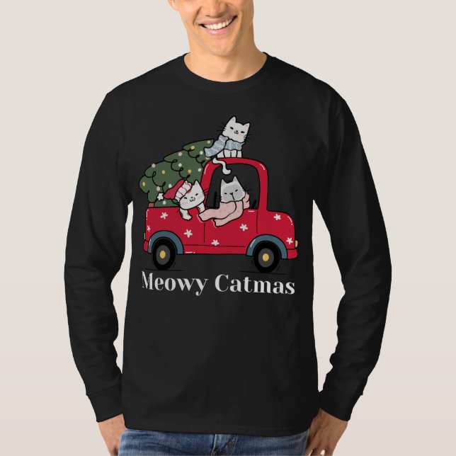 Meowy Catmas Funny Christmas Cat Red Truck T-Shirt (Front)