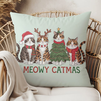 Meowy Catmas Funny Holiday Cats - Christmas Decor Throw Pillow