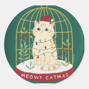 Meowy Catmas Ginger Cat in Cage Snow Globe Classic Round Sticker