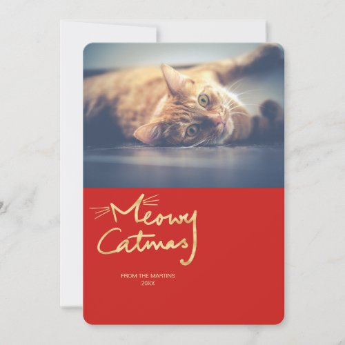 Meowy Catmas Gold Funny Cat Christmas Photo Card