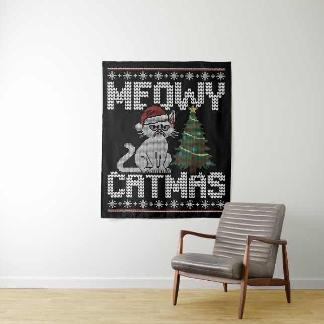 Meowy Catmas Knitted Cat Tapestry (In Situ)