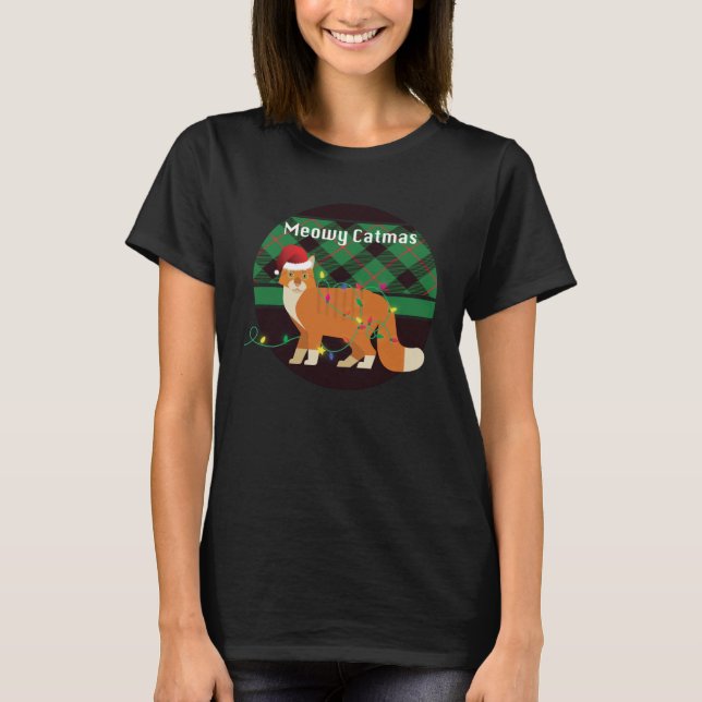 Meowy Catmas Maine Coon Cat Tangled With Xmas Ligh T-Shirt (Front)