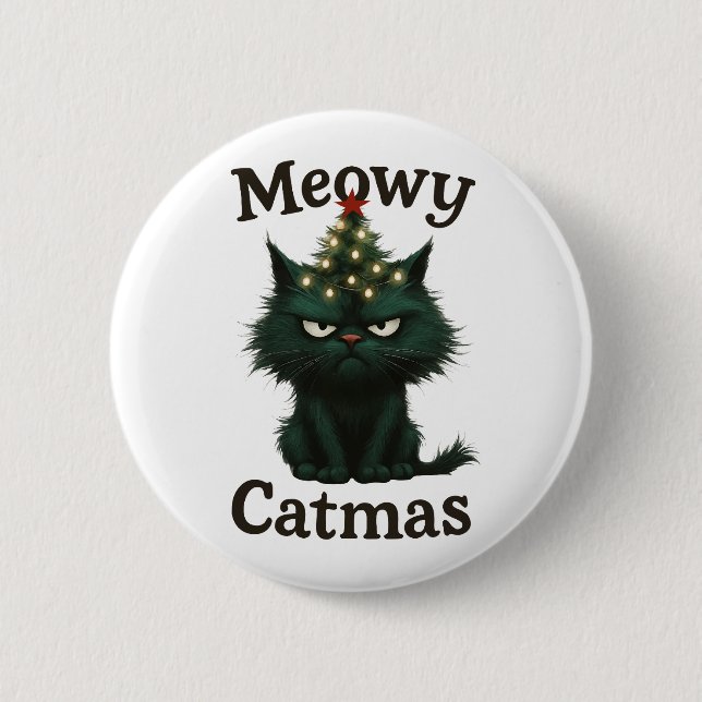 Meowy Catmas Moody cat Button (Front)