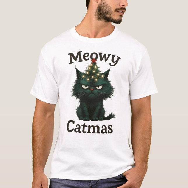 Meowy Catmas Moody cat T-Shirt (Front)