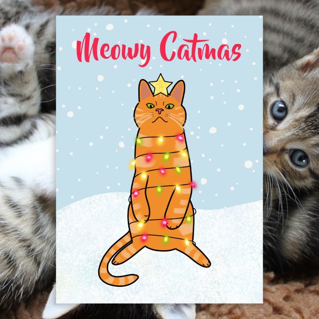 Meowy catmas pun funny cat Christmas lights flat Holiday Card (Creator Uploaded)