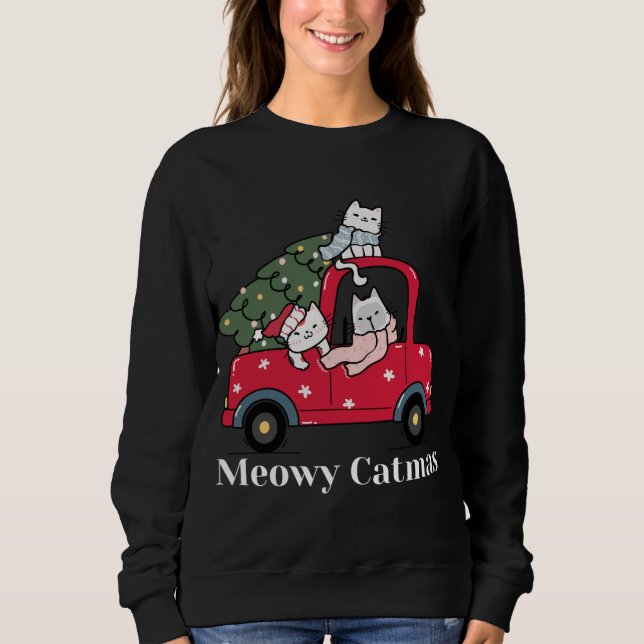 Meowy Catmas Red Truck Cat Christmas Pajama Sweatshirt (Front)