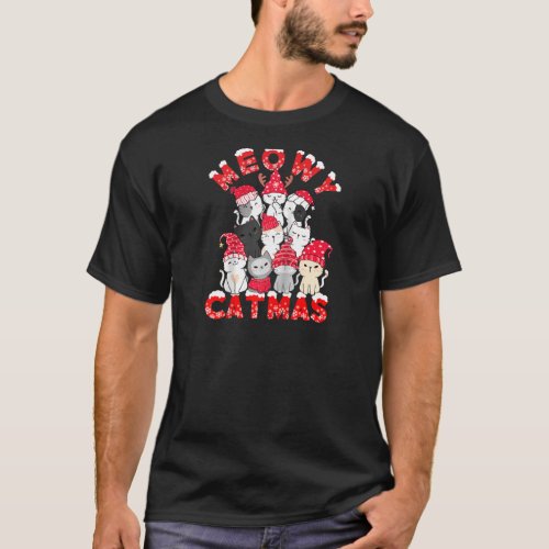 Meowy Catmas Santa Cats Tree Reindeer Christmas Tr T_Shirt