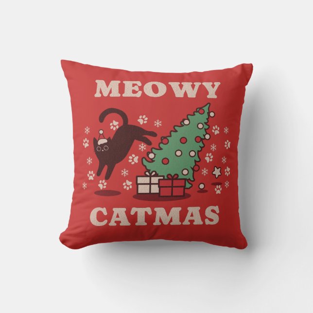 Meowy Catmas Throw Pillow (Front)