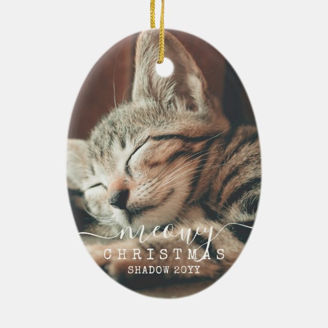 Meowy Christmas 2 Photo Two Cats Rustic Red  Ceram Ceramic Ornament (Back)