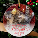 Meowy Christmas 2 photos fun cat lover Ceramic Ornament<br><div class="desc">Ideal for any cat lover,  this lovely two-sided Christmas ornament features a fun "Meowy Christmas" caption decorated with adorable cat ears and snowflakes. Easily customize this ornament with two of your favorite cat's pictures,  the name(s) of your cat(s),  and the current year.</div>