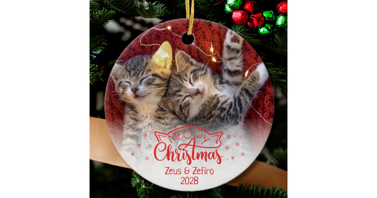 Meowy Christmas 2 photos fun cat lover Ceramic Ornament | Zazzle