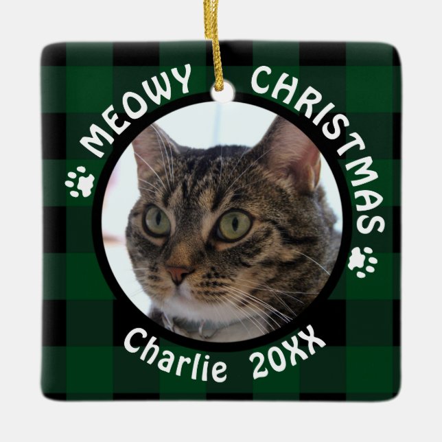 MEOWY CHRISTMAS 2-Sided 2-Photo Cat, Green Plaid Ceramic Ornament (Front)