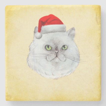 Meowy Christmas! A cute Cat with Santa Hat Stone Coaster