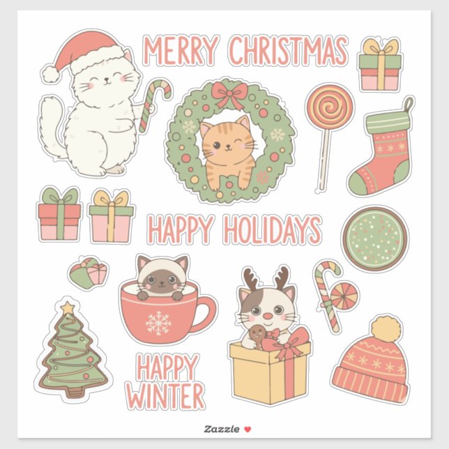 Meowy Christmas! Adorable Kawaii Cats Holiday Sticker (Sheet)