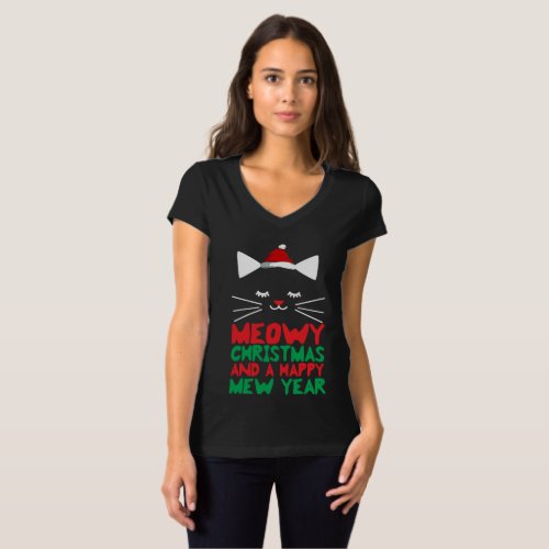 Meowy Christmas and Happy Mew Year Womens V_Neck T_Shirt