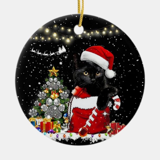 Meowy Christmas Black cat Ceramic Ornament (Front)