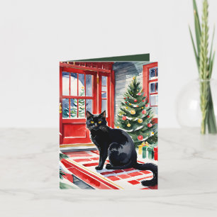 Meowy Christmas Black Cat & Christmas Tree Holiday Card