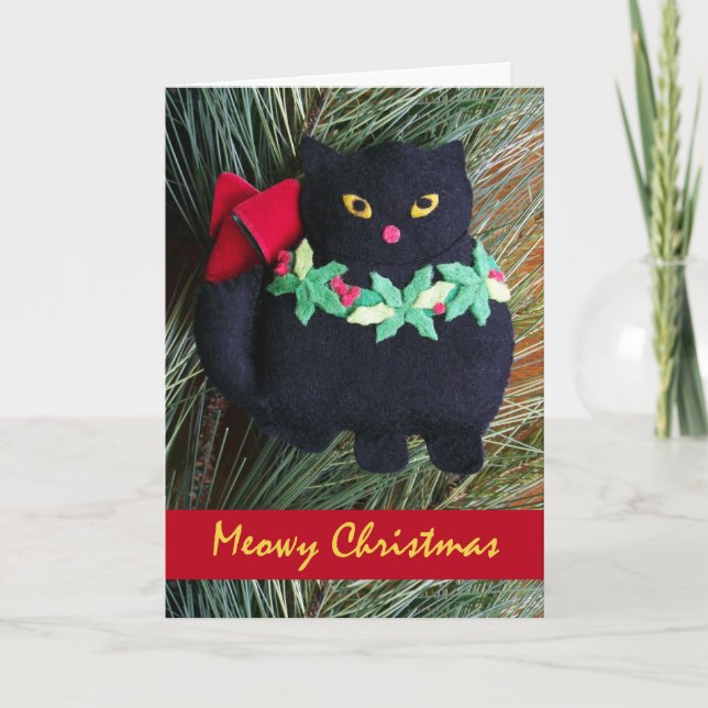 Meowy Christmas, Black Cat Felt Ornament Holiday Card (Front)