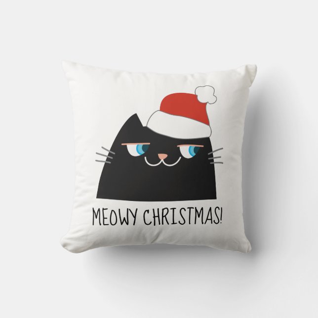 Meowy Christmas Black Cat Pillow Funny Cute (Front)