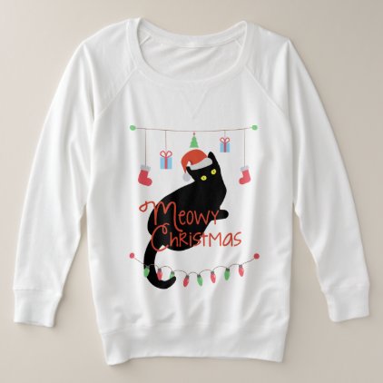 Meowy Christmas Black Cat with Lights Sweatshirt