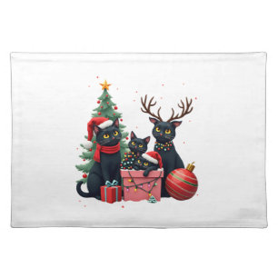 Meowy Christmas Black Cats Play Christmas Tree Lig Cloth Placemat