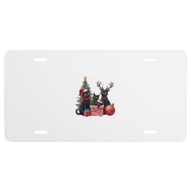Meowy Christmas Black Cats Play Christmas Tree Lig License Plate (Front)