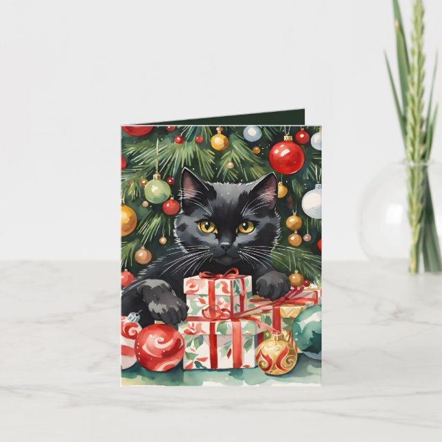  Meowy Christmas Black Kitten & Christmas Tree Holiday Card (Front)