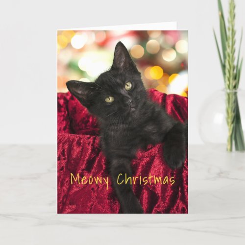 Meowy Christmas Black Kitten Holiday Greeting Card
