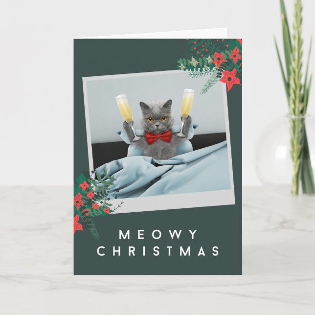 Meowy Christmas - Bow Tie Cat & Champagne Glasses Holiday Card (Front)
