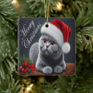 Meowy Christmas British Shorthair Santa Cat Ceramic Ornament