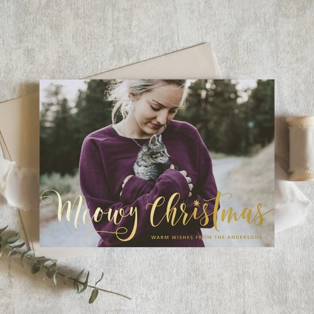 Meowy Christmas Calligraphy Modern Photo Cat Foil Holiday Card (Creator Uploaded)