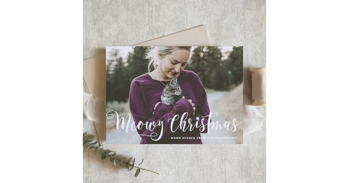 Meowy Christmas Calligraphy Modern Photo Cat Holiday Card | Zazzle
