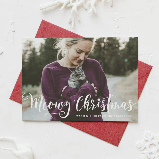 Meowy Christmas Calligraphy Modern Photo Cat Holiday Card | Zazzle